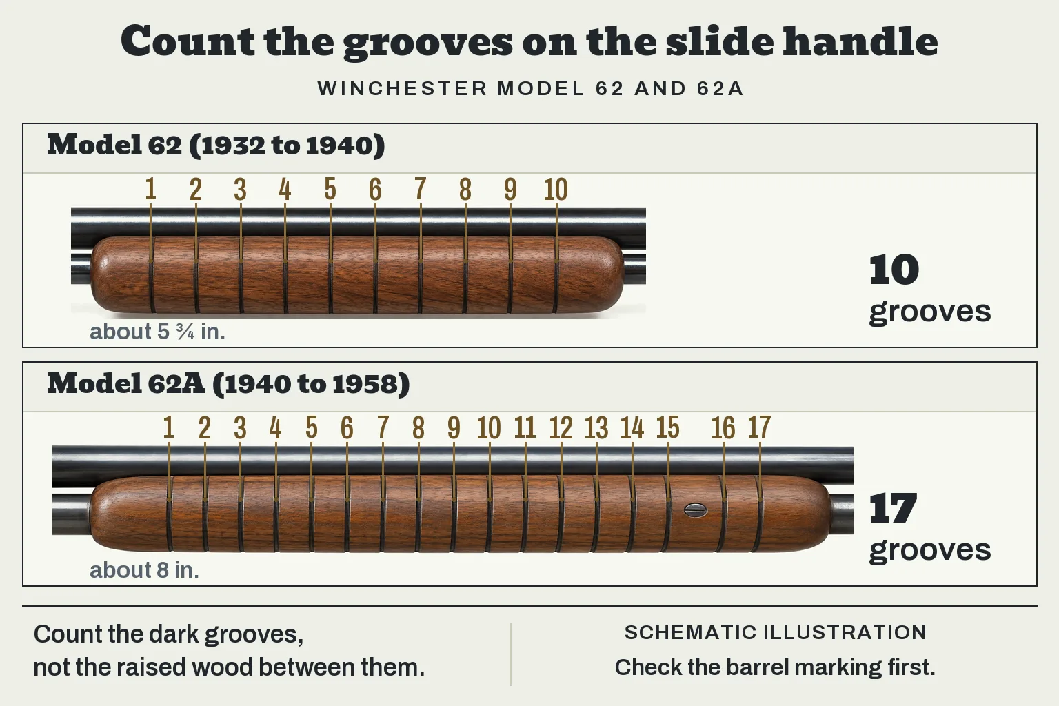 Two wooden slide handles drawn to the same scale, with every groove numbered. The Model 62 handle, made 1932 to 1940, is about 5 3/4 inches long with 10 grooves. The Model 62A handle, made 1940 to 1958, is about 8 inches long with 17 grooves.