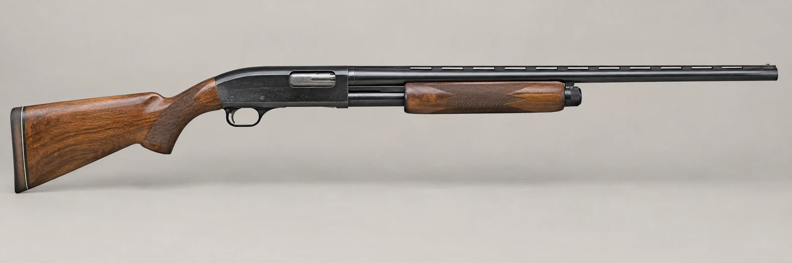 AI-generated illustration of Winchester Model 1300, side profile on a light gray background.