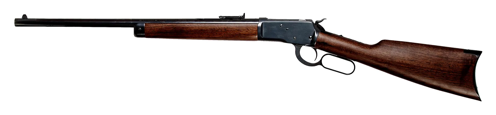 Winchester Model 1892 short rifle, left side, on a white background.