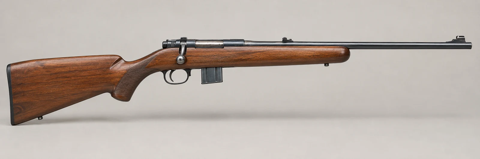 AI-generated illustration of Winchester Model 56, side profile on a light gray background.