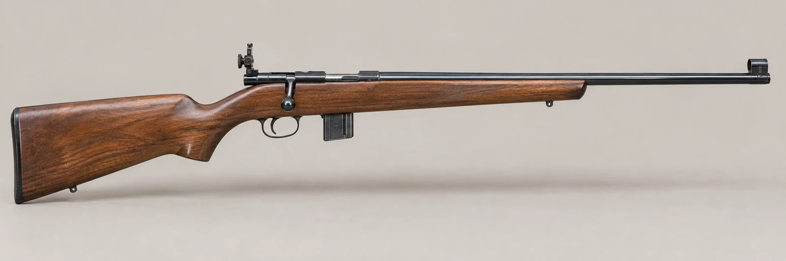 AI-generated illustration of Winchester Model 75, side profile on a light gray background.